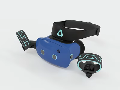 Blue And Black VR Headset With Controllers For Virtual Reality Gaming 3d model