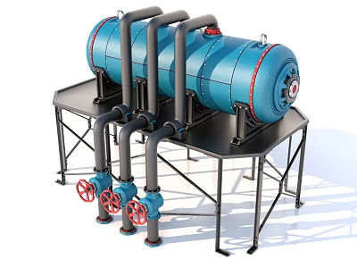 Industrial Equipment with Blue Pressure Vessel Black Pipes Red Valves on Metal Stand 3d model