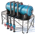 Industrial Equipment with Blue Pressure Vessel Black Pipes Red Valves on Metal Stand