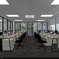 Public Office Space With Desks Computers Black Office Chairs Bookshelves Plants And Large Windows