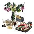 Elegant Decorative Ornament Set With Flower Bouquet Vase Cracker Box Cheese Nuts And Charcuterie Board