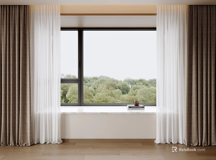 Double Layer Curtains With Dark Thick Panels And White Sheer For Indoor Window View 3d model 
