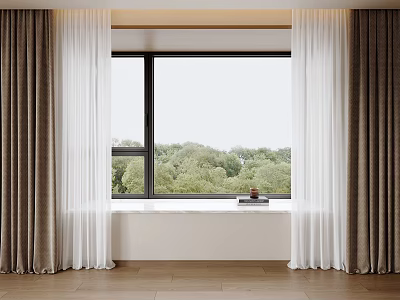 Double Layer Curtains With Dark Thick Panels And White Sheer For Indoor Window View 3d model
