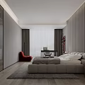 Modern Bedroom Interior With Paneled Gray Wall Upholstered Bed Nightstand Lamp And Rug