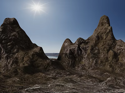 Rocky Terrain with Majestic Peaks Sunlit Under Clear Blue Sky and Distant Water View 3d model
