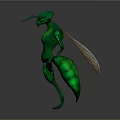Green Insect With Wings Standing Pose Streamlined Body 3D Model On Gray Background