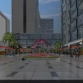 Modern Commercial Street Plaza With Tall Buildings Pink Fountain Palm Trees And Pedestrians