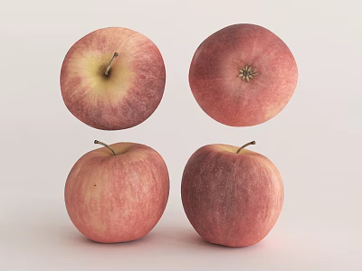 Fresh Ripe Red and Yellowish Apples Four Pieces Arranged on White Background 3d model