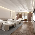 Modern Hotel Room Interior With King Bed Sofa Armchair Coffee Table And Area Rug