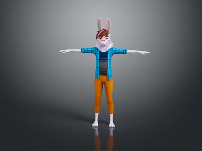 Rabbit Character In Blue Plaid Shirt And Orange Pants With Arms Outstretched 3d model
