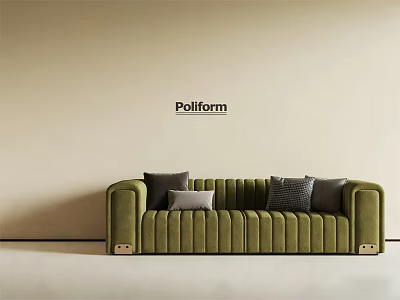 Poliform Modern Green Velvet Sofa With Decorative Pillows In Beige Wall Living Room 3d model