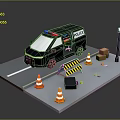 Police Van On Road Scene With Traffic Cones Barricade Street Lamp And Boxes