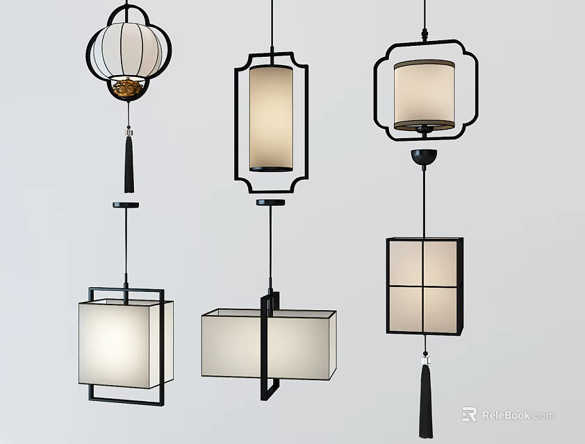 Modern Pendant Lights With Lantern Shaped Square Design Black Frame Fabric Shades Tassels 3d model 