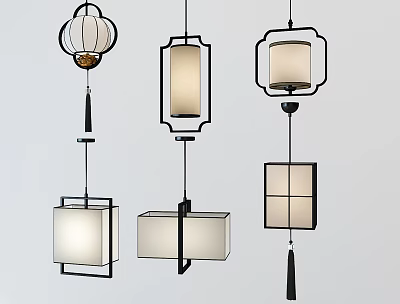 Modern Pendant Lights With Lantern Shaped Square Design Black Frame Fabric Shades Tassels 3d model