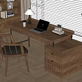 Wooden Desk With Laptop Lamp Coffee Cup And Books Near Window Chair And Plant