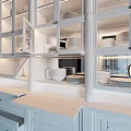 White Glass Storage Cabinet With Shelves Displaying Plates Bowls And Drawers