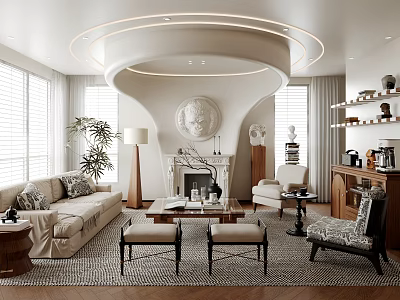 Elegant Modern Living Room Interior With Circular Lighting Ceiling Fireplace Sofa Plants And Armchair 3d model