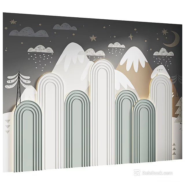 Decorative Background Wall with Clouds Stars Moon Mountains Arches and Tree Patterns 3d model