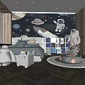 Space Themed Kids Room Interior With Planets Rocket Astronaut Bookshelf And Stuffed Toys