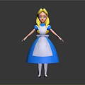 3D Game Movie Character With Blonde Hair Blue Dress And White Apron Standing