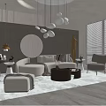 Modern Living Room With Curved Sofa Round Coffee Tables Circular Pendant Lights And Neutral Tones
