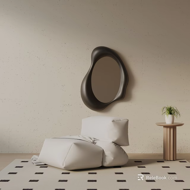 White Soft Leisure Chair With Beige Wall Irregular Black Mirror And Small Plant Table 3d model 