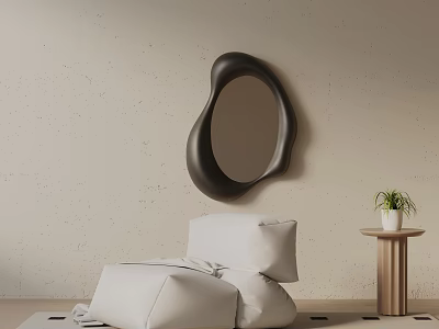White Soft Leisure Chair With Beige Wall Irregular Black Mirror And Small Plant Table 3d model
