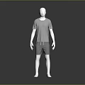 White Mannequin Wearing Gray T-Shirt And Gray Shorts Standing On Black Floor With Gray Background