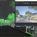 Vibrant Commercial Street with Pedestrians Walking Lined with Trees and Modern Storefronts Under Evening Illumination