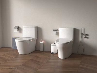 Modern Bathroom With Two White Toilets Wooden Floor Toilet Paper Holder And Small Trash Bin 3d model