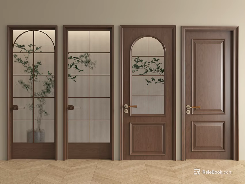 Brown Hinged Doors with Glass Panels and Solid Wood Designs in Interior Space 3d model