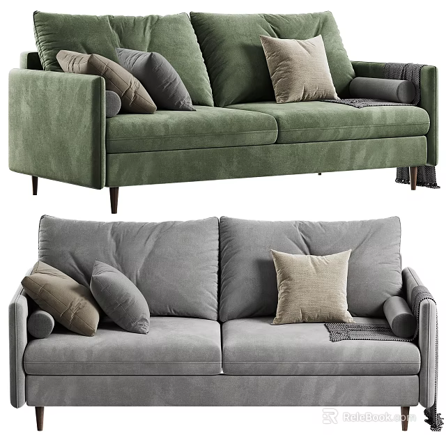 Modern Two Seater Sofas Green and Gray With Decorative Pillows and Throw Blanket 3d model