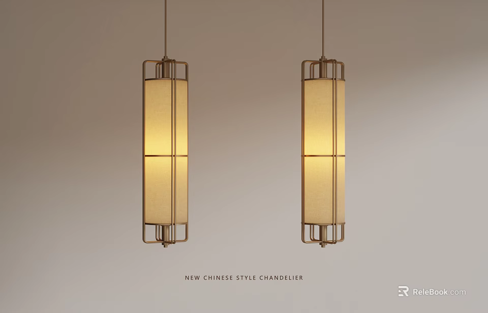 New Chinese Style Chandelier with Elegant Metal Frame and Beige Fabric Shade 3d model 