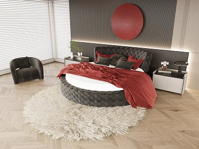 Hotel Guest Room With Round Bed Red Quilt Gray Headboard White Rug And Black Armchair 3d model