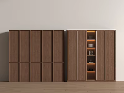 Modern Wooden Wardrobe with Closed Panel Design and Glass Door Interior Lighting and Shelves 3d model