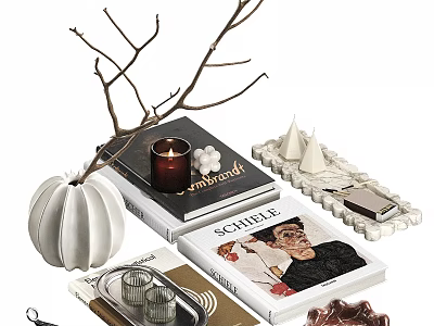 Decorative Ornament Set Featuring Twigs Candle White Pumpkin And Books For Home Decoration 3d model