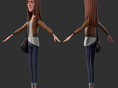 Woman 3D Character Model Front Back Views With Brown Leather Jacket Blue Jeans 3d model