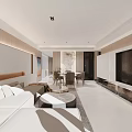 Modern Living and Dining Room Interior With Marble Dining Table Sofa Set And Large Windows