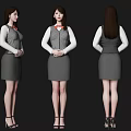 Professional Woman in Gray Dress and White Shirt Standing in Three Angles with Black Heels