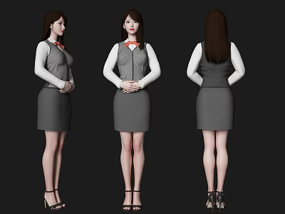 Professional Woman in Gray Dress and White Shirt Standing in Three Angles with Black Heels 3d model