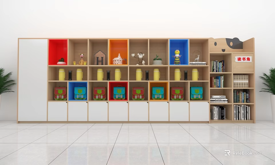 Colorful Wooden Bookcase With Multi Colored Compartments And Toy Models On Shelves 3d model 