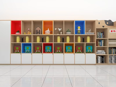 Colorful Wooden Bookcase With Multi Colored Compartments And Toy Models On Shelves 3d model