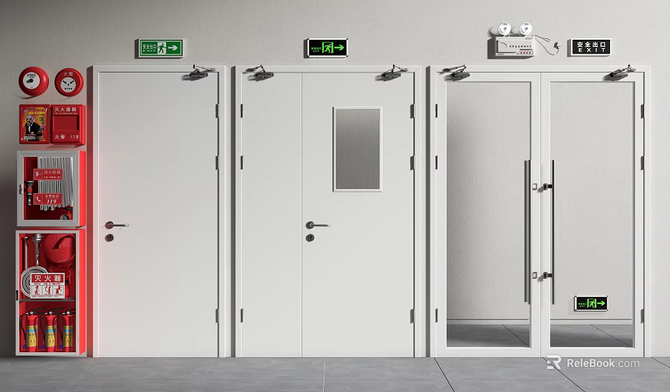 Different Types Of Emergency Exit Doors With Red White Colors And Exit Signs 3d model 