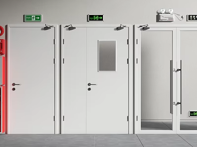 Different Types Of Emergency Exit Doors With Red White Colors And Exit Signs 3d model