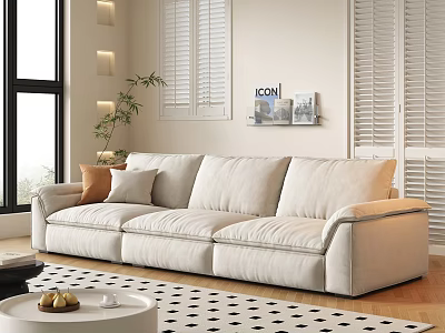 Cream Three Seater Sofa In Bright Living Room With Window Shutter And Decorative Plant 3d model