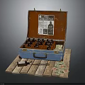 Vintage Open Suitcase Displaying Whisky Bottles And Money On Wooden Board