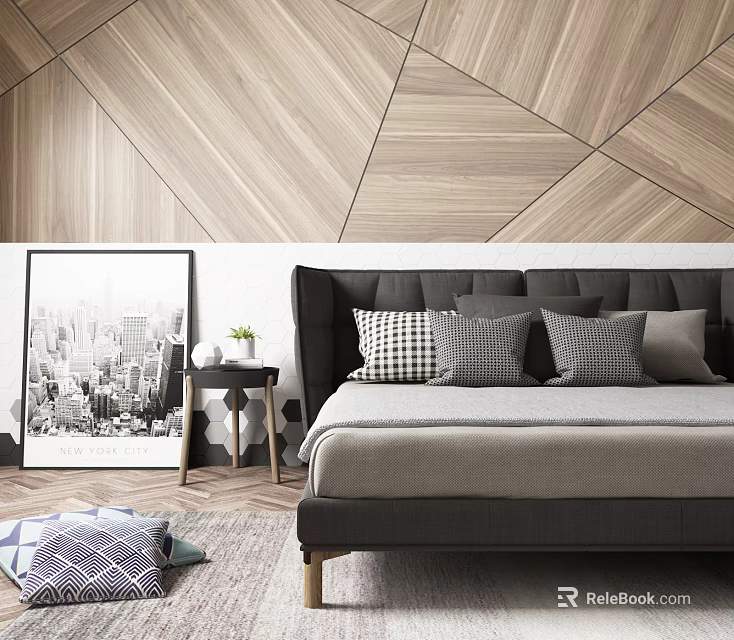 Modern Wooden Geometric Wall Double Bed with Gray Pillows City Art and Green Plant 3d model 