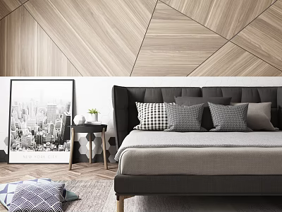 Modern Wooden Geometric Wall Double Bed with Gray Pillows City Art and Green Plant 3d model