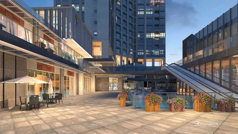 Modern Commercial Street With Open Square Outdoor Seating Flower Planters And High Rise Buildings 3d model 