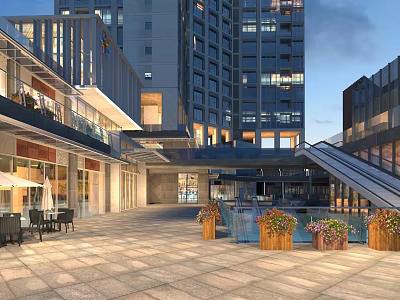 Modern Commercial Street With Open Square Outdoor Seating Flower Planters And High Rise Buildings 3d model